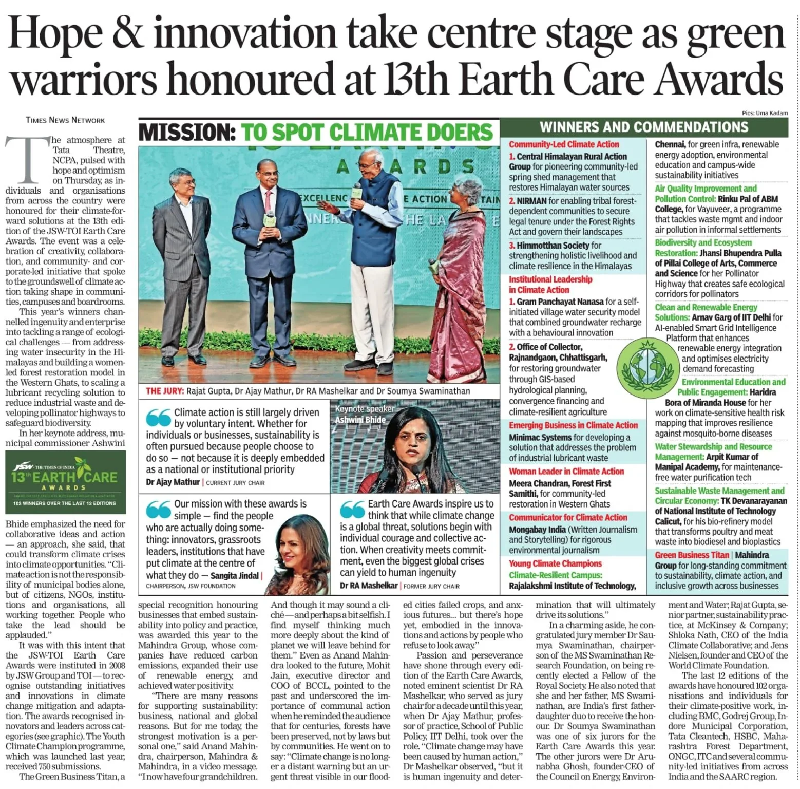 Times of India Earth Care Awards clipping